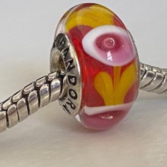 PANDORA Silver 925 ALE Murano Glass Screw Core Pink, Yellow, Red  Flower Blossom - Picture 6 of 8